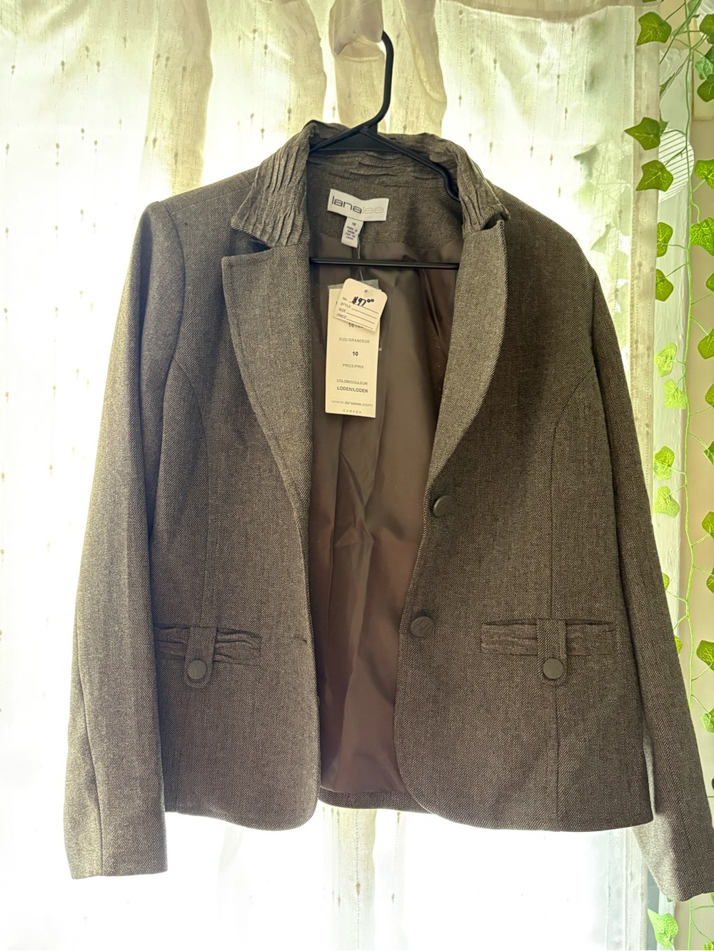 Lana Lee Brown Heather Loden Structured Blazer Jacket Pleated Collar Size 10 NWT